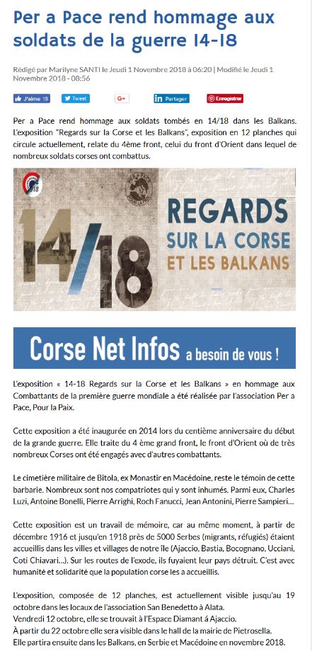 L'Exposition "14-18 : Regards sur la Corse et les Balkans" à l'honneur dans Corse Net Infos