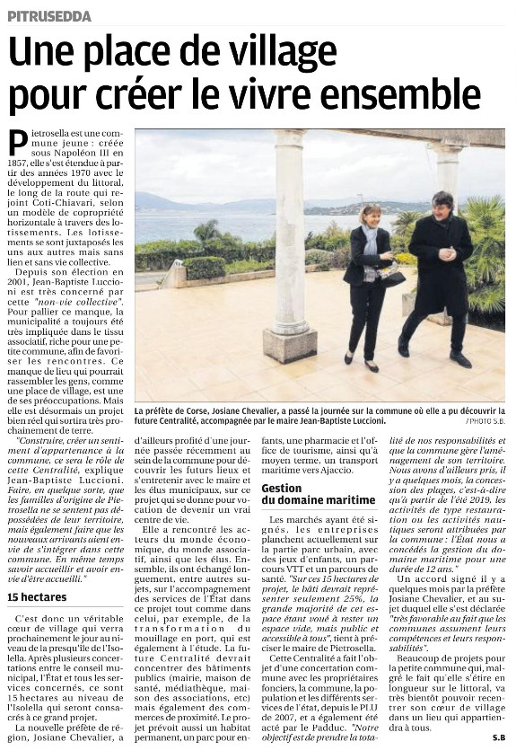 Article sur le projet de centralité dans le Corse Matin du 9 décembre.