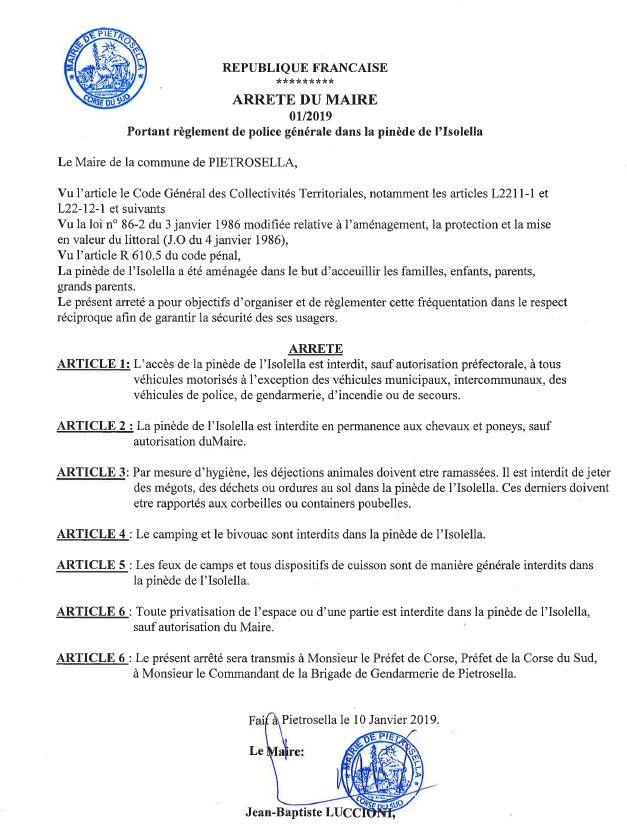 Arrêté prefectoral portant sur la règlementation de la Pinède de l'Isolella