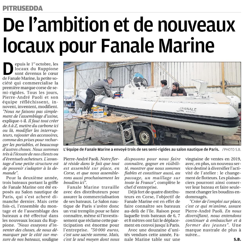 Zoom sur l'actualité de Fanale Marine semi-rigides dans le Corse Matin du 19 décembre