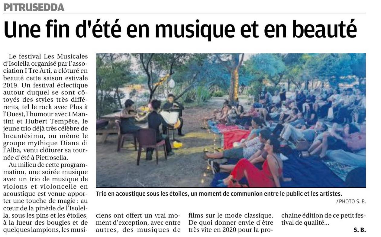 Les Musicales d'Isolella "petit festival de qualité" selon le bilan de Corse-Matin sur l'édition 2019