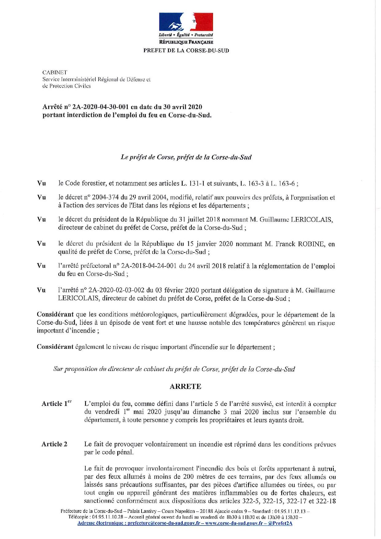Arrêté préfectoral portant interdiction de l'emploi du feu en Corse-du-Sud du vendredi 1er mai au dimanche 3 mai