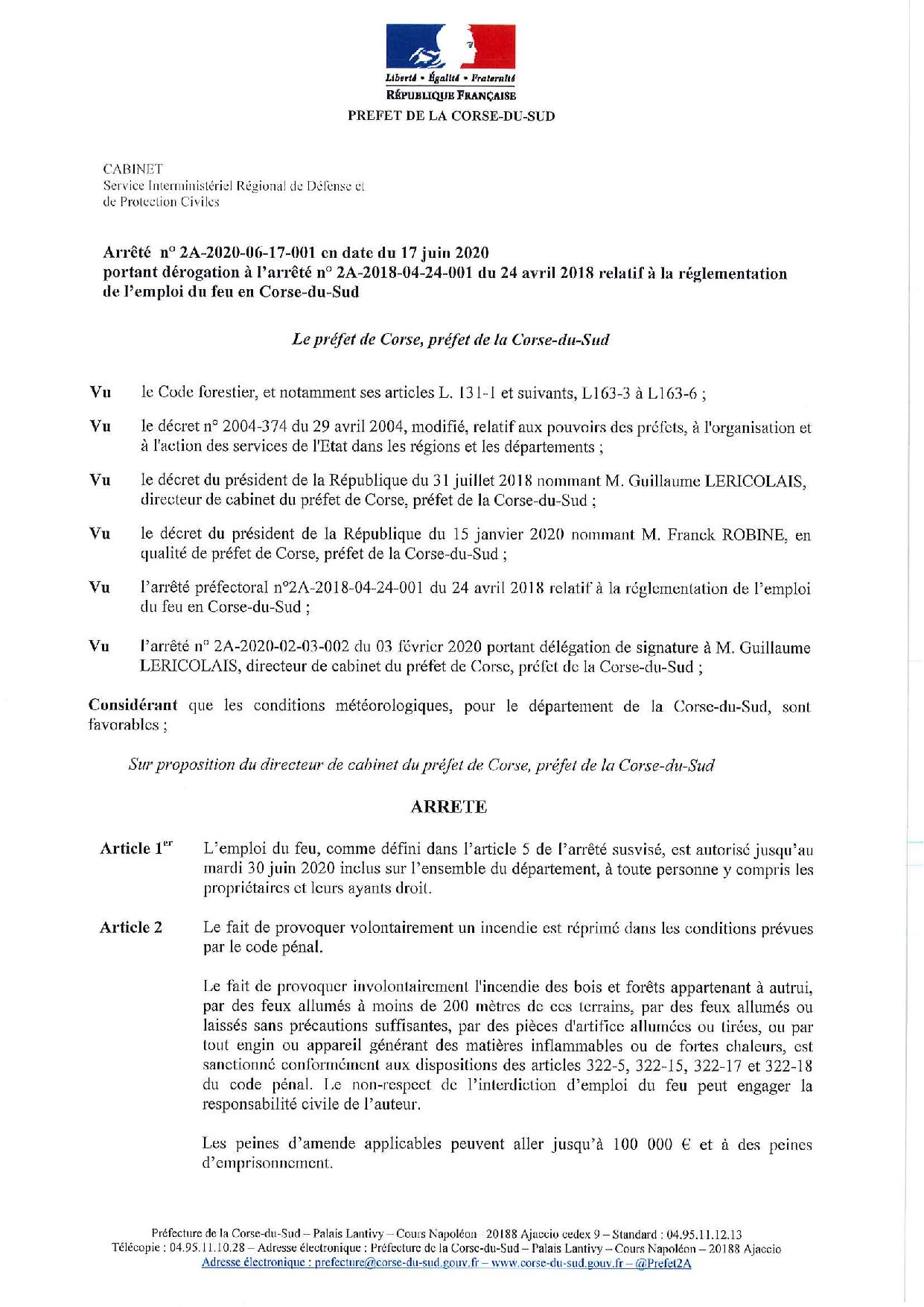 Arrêté préfectoral autorisation d'emploi du feu en Corse jusqu'au 30 juin inclus