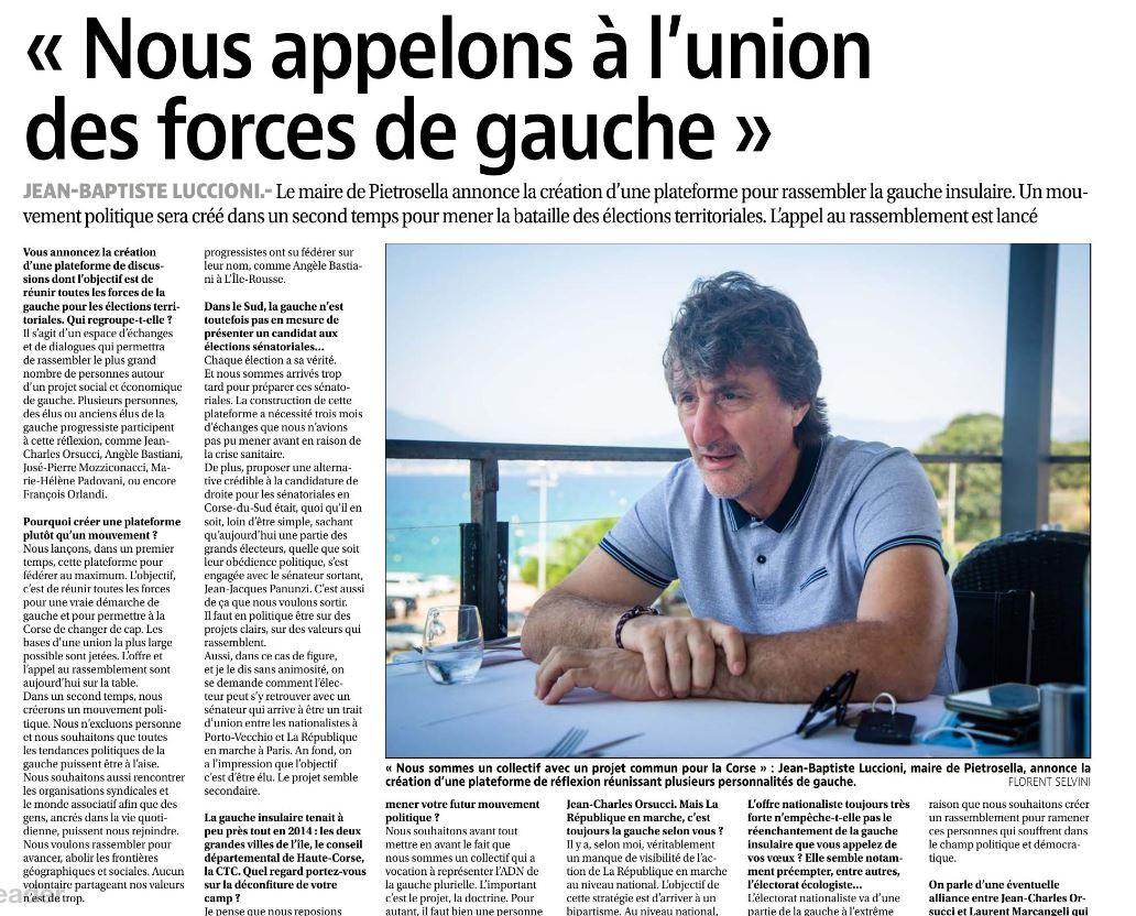 Interview de Jean-Baptiste Luccioni sur une union de gauche en prévision des territoriales - 18/09/20