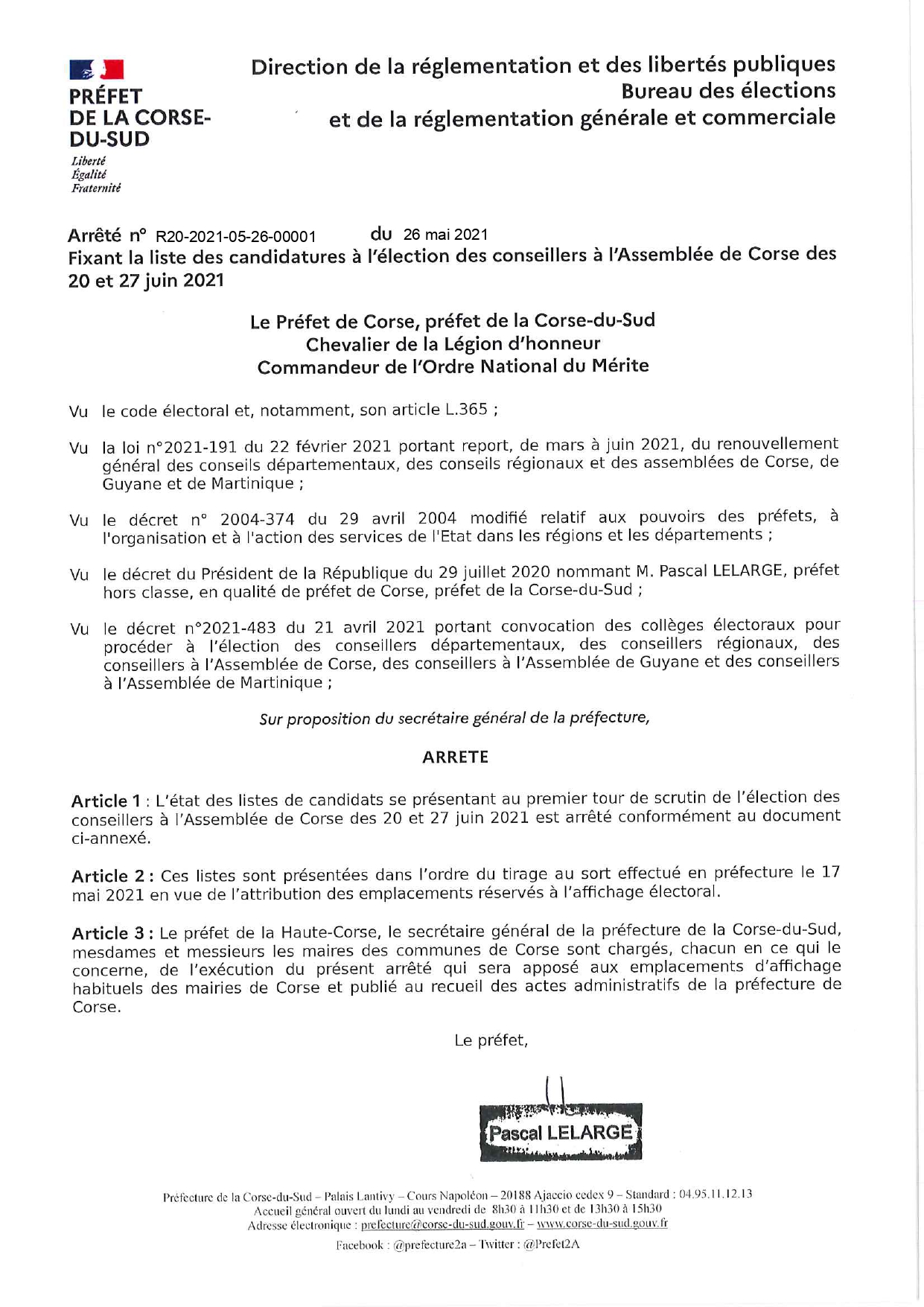Liste des candidatures à l'élection des conseillers à l'assemblée de Corse des 20 et 27 juin 2021