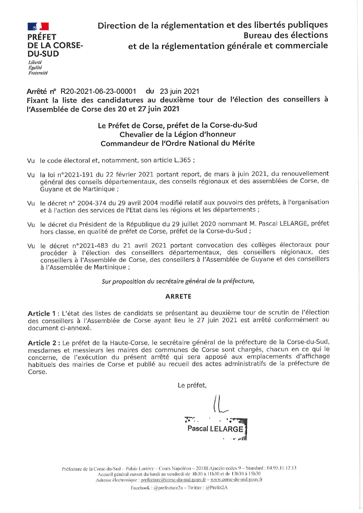 Liste des candidatures à l'élection des conseillers à l'assemblée de Corse du 27 juin 2021