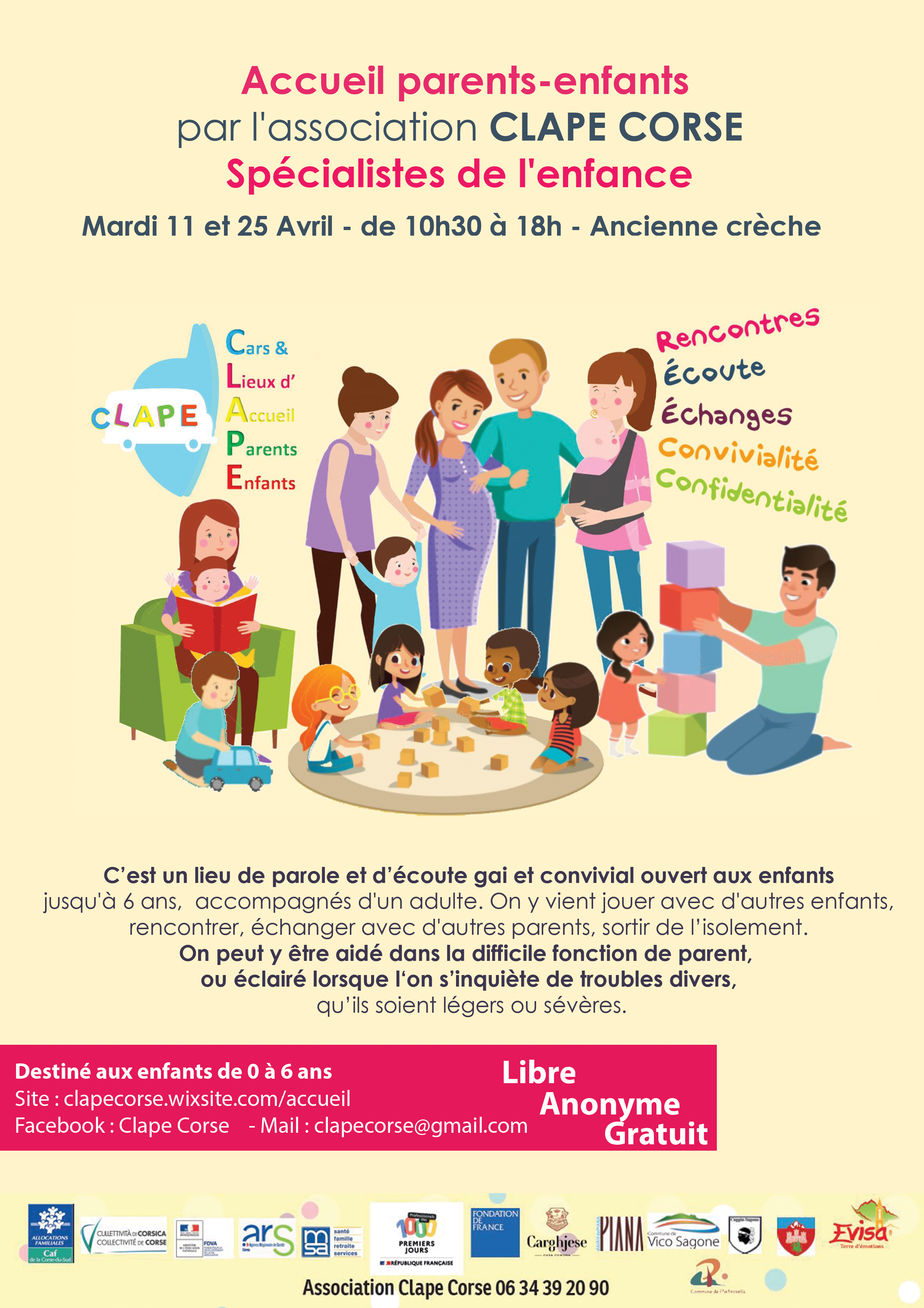 Accueil parents-enfants Mardi 11 et 25 Avril par l'association CLAPE CORSE - Spécialistes de l'enfance 